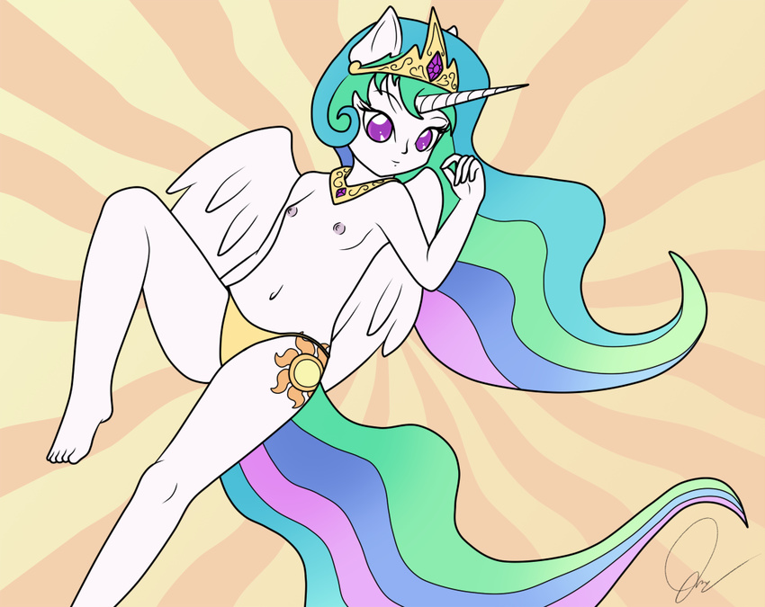 anonjg anthro anthrofied breasts child crown cub cutie_mark female friendship_is_magic hair horn human humanized long_hair mammal multi-colored_hair my_little_pony nipples nude princess princess_celestia_(mlp) royalty small_breasts solo underwear white_body wings young young_human