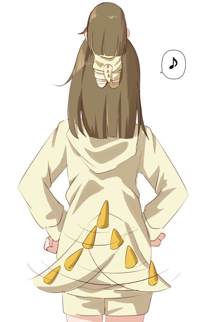 1girl blunt_ends brown_hair character_doll commentary_request cowboy_shot dinosaur_tail doll doll_on_head eighth_note facing_away from_behind hands_on_own_hips highres hood hood_down hoodie kachimachi_kosuzu kachimachi_kosuzu_(sega_lucky_lottery_sleepwear) lamchan link!_like!_love_live! long_sleeves love_live! medium_hair musical_note nesoberi official_alternate_costume shorts simple_background solo spoken_musical_note tail tail_wagging virtual_youtuber white_background yellow_hoodie yellow_shorts