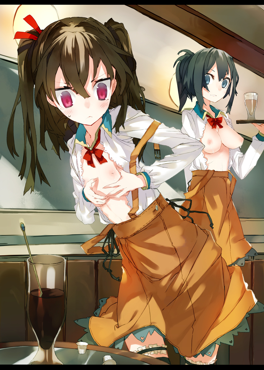 bad_id bad_pixiv_id black_hair blue_eyes breasts breasts_outside brown_hair flat_chest highres karei lactation multiple_girls nipples open_clothes open_shirt original ponytail red_eyes shirt shouga_(hiramememe) tray twintails waitress
