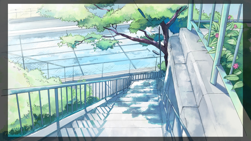 fence flower gom_jabbar no_humans original perspective pool railing scenery shade stairs sunlight tree windowboxed