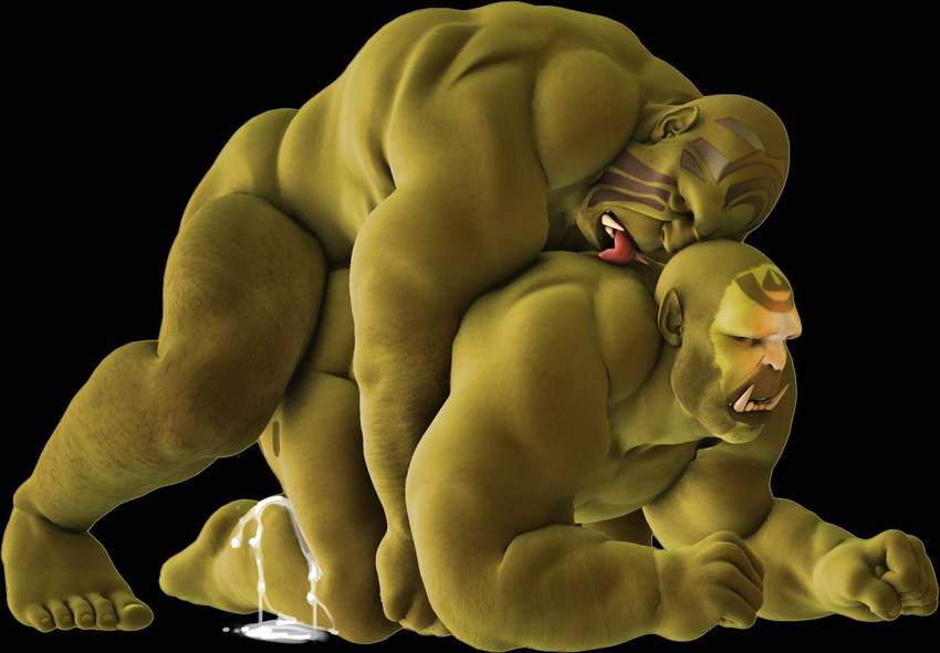all_fours anal anal_penetration bartol biceps big_muscles black_background cgi cum doggystyle dripping duo erection from_behind gay leaking licking male muscles not_furry nude orc penetration penis plain_background sex tattoo tongue