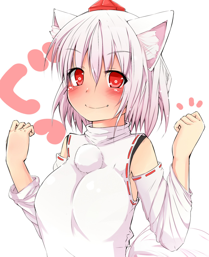 absurdres animal_ears bad_id bad_pixiv_id bare_shoulders blush breasts detached_sleeves face hat highres ichirin inubashiri_momiji large_breasts looking_at_viewer pom_pom_(clothes) short_hair silver_hair smile solo tail tokin_hat touhou upper_body wolf_ears wolf_tail