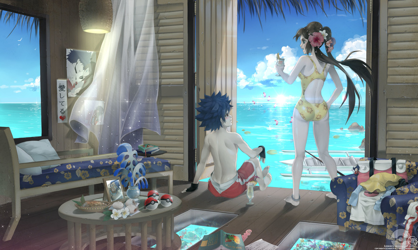 1girl animal anklet arm_at_side arm_rest arm_support armchair artist_name ass back back_cutout backless_outfit bag_charm bag_removed bangs baozi bare_shoulders barefoot bead_anklet beads bed bird black_hair blue_hair blue_sky blush boat book bookmark bowl bulbasaur chair character_doll character_print charm_(object) clothes_removed cloud cocktail cocktail_glass cocktail_umbrella coral cup curtains day double_bun drinking_glass dumpling fingerless_gloves floating_hair floral_print flower food foot_dangle from_behind gen_1_pokemon gen_3_pokemon glass glass_floor glint gloves green_eyes hair_beads hair_flower hair_ornament hand_on_hip hibiscus highres holding holding_cup horizon house hue_(pokemon) indoors jewelry kawacy knee_up lantern lily_pad long_hair looking_at_another luvdisc mattress mei_(pokemon) morning oar ocean on_floor one-piece_swimsuit open_book open_door open_mouth pantyhose pantyhose_removed paper photo_(object) pikachu pillow plumeria poke_ball poke_ball_symbol pokemon pokemon_(creature) pokemon_(game) pokemon_bw pokemon_bw2 profile red_eyes rock room shadow shirtless shizui_(pokemon) short_hair signature sitting sky sparkle standing sun sunlight sunrise swimsuit transparent tropical twintails very_long_hair water watercraft watermark web_address white_flower wind window wooden_floor wooden_table yellow_swimsuit
