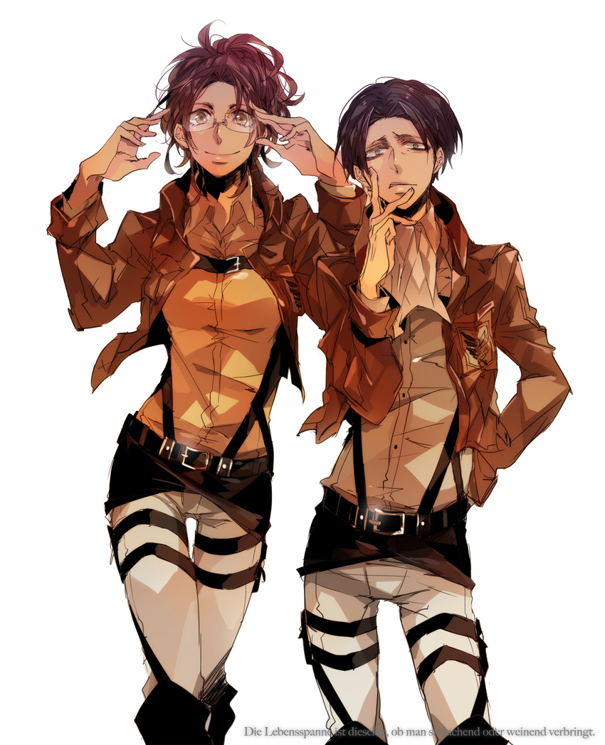 1girl ascot belt black_hair brown_eyes brown_hair emblem german glasses hange_zoe highres ivxxx jacket levi_(shingeki_no_kyojin) paradis_military_uniform ranguage shingeki_no_kyojin short_hair survey_corps_(emblem) thigh_gap thigh_strap three-dimensional_maneuver_gear translated uniform