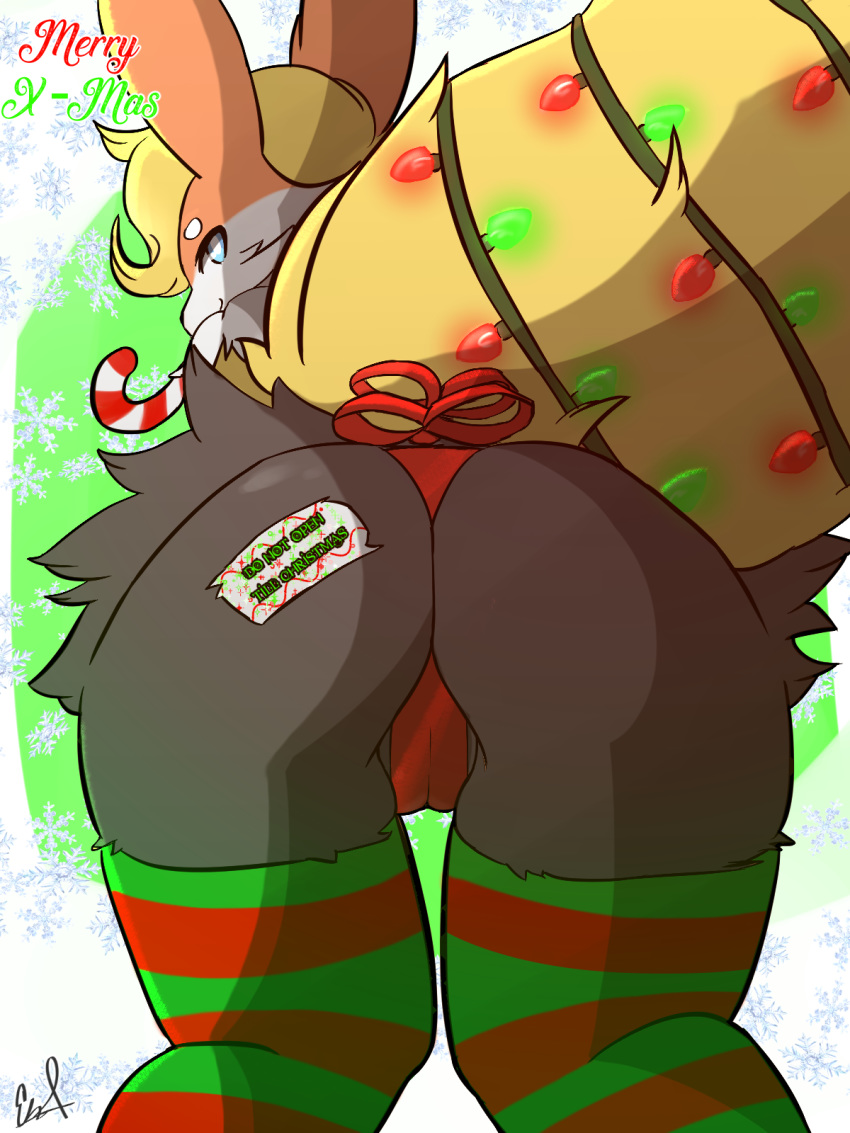 big_butt black_eyes blaketheflareon blaketheflareon_(character) braixen butt camel_toe candy candy_cane canine christmas digital_media_(artwork) eeveelution fak&eacute;mon fan_character female flareon food holidays hybrid light looking_at_viewer looking_back mammal nintendo pok&eacute;mon pok&eacute;mon_(species) signature solo video_games wrapping