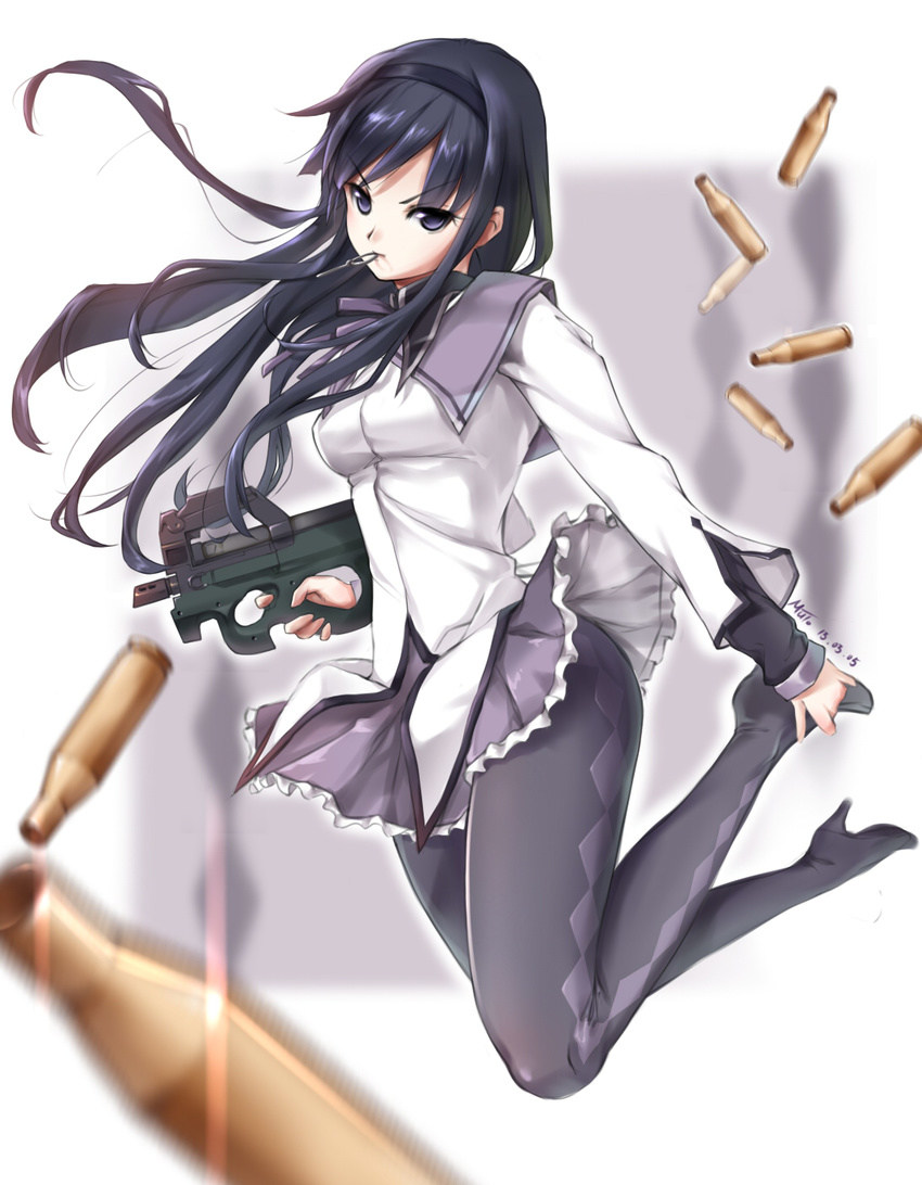 akemi_homura ammunition boots hairband high_heels highres long_hair mahou_shoujo_madoka_magica muto pantyhose purple_hair shoes solo thigh_boots thighhighs weapon