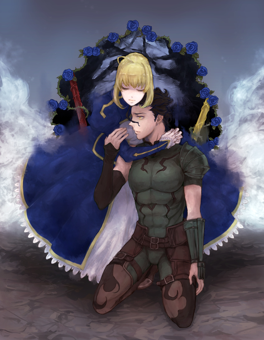 1girl ahoge artoria_pendragon_(all) black_hair blonde_hair blue_flower blue_rose couple fate/zero fate_(series) flower gae_buidhe gae_dearg hetero highres hug lancer_(fate/zero) polearm rose saber spear sumire_(pink_fluid) weapon yellow_eyes