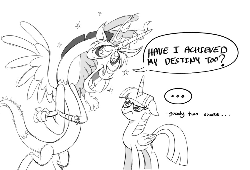 2013 antler antlers black_and_white condescending dialog discord_(mlp) draconequus english_text equine fangs female feral friendship_is_magic horn horse mammal monochrome my_little_pony plain_background pony sparkles text thex-plotion twilight_sparkle_(mlp) white_background winged_unicorn wings