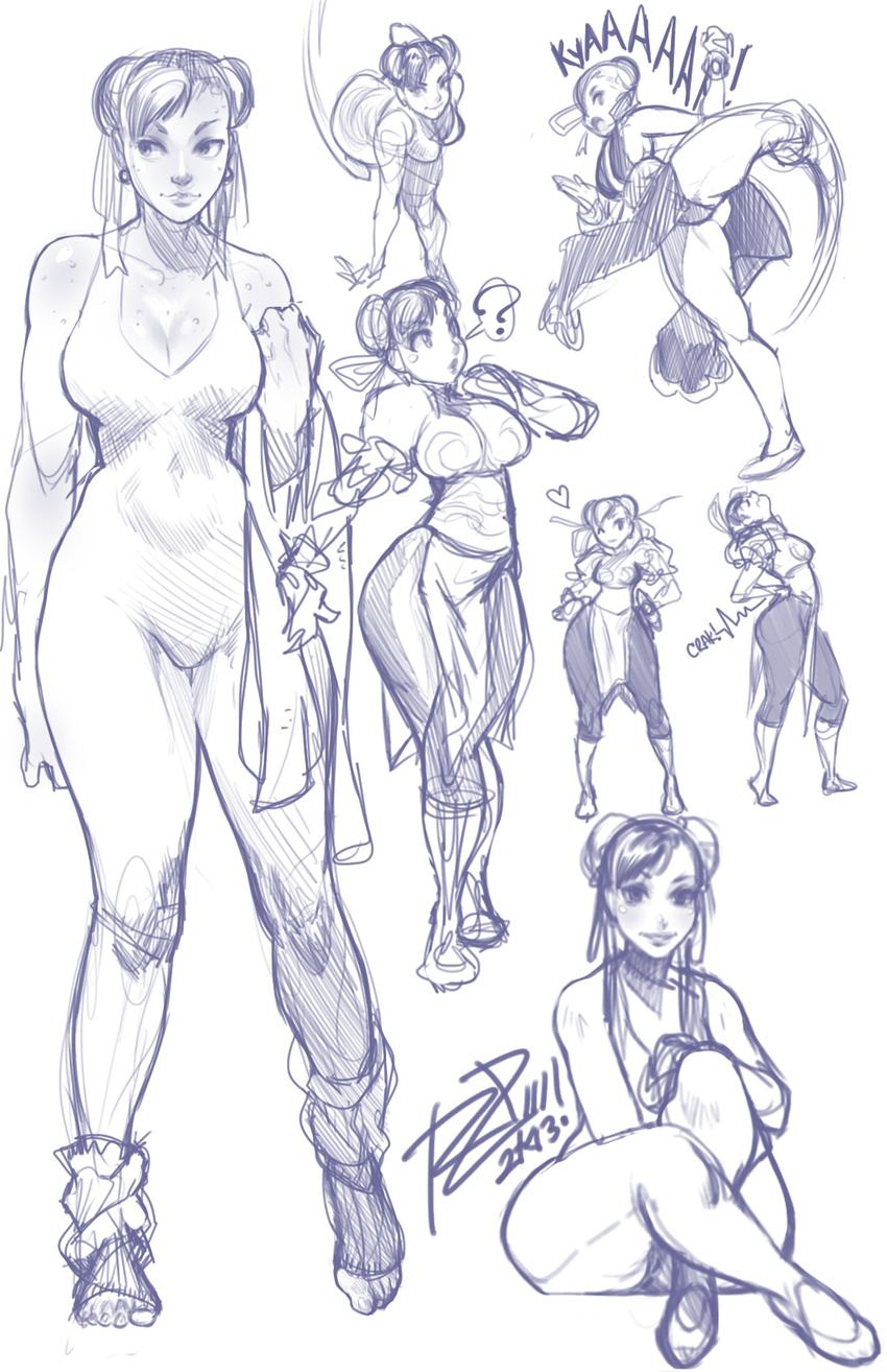 ? alternate_costume boots breasts character_sheet china_dress chinese_clothes chun-li cleavage curvy double_bun dress earrings hair_ribbon highres jewelry kicking large_breasts md5_mismatch monochrome pantyhose ribbon robert_porter sketch street_fighter street_fighter_iv_(series) sweat thick_thighs thighs unitard