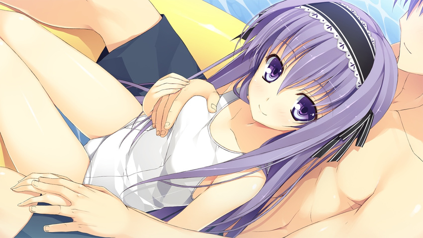 1boy 1girl bare_shoulders blush breast_grab brother_and_sister collarbone from_above fujimori_kaname fujimori_yuu game_cg grabbing hairband incest innertube koikishi_purely_kiss long_hair looking_up one-piece_swimsuit open_mouth purple_eyes purple_hair school_swimsuit siblings sitting sitting_on_lap sitting_on_person sweatdrop swim_trunks swimsuit thigh_gap thighs water white_school_swimsuit white_swimsuit yuuki_hagure