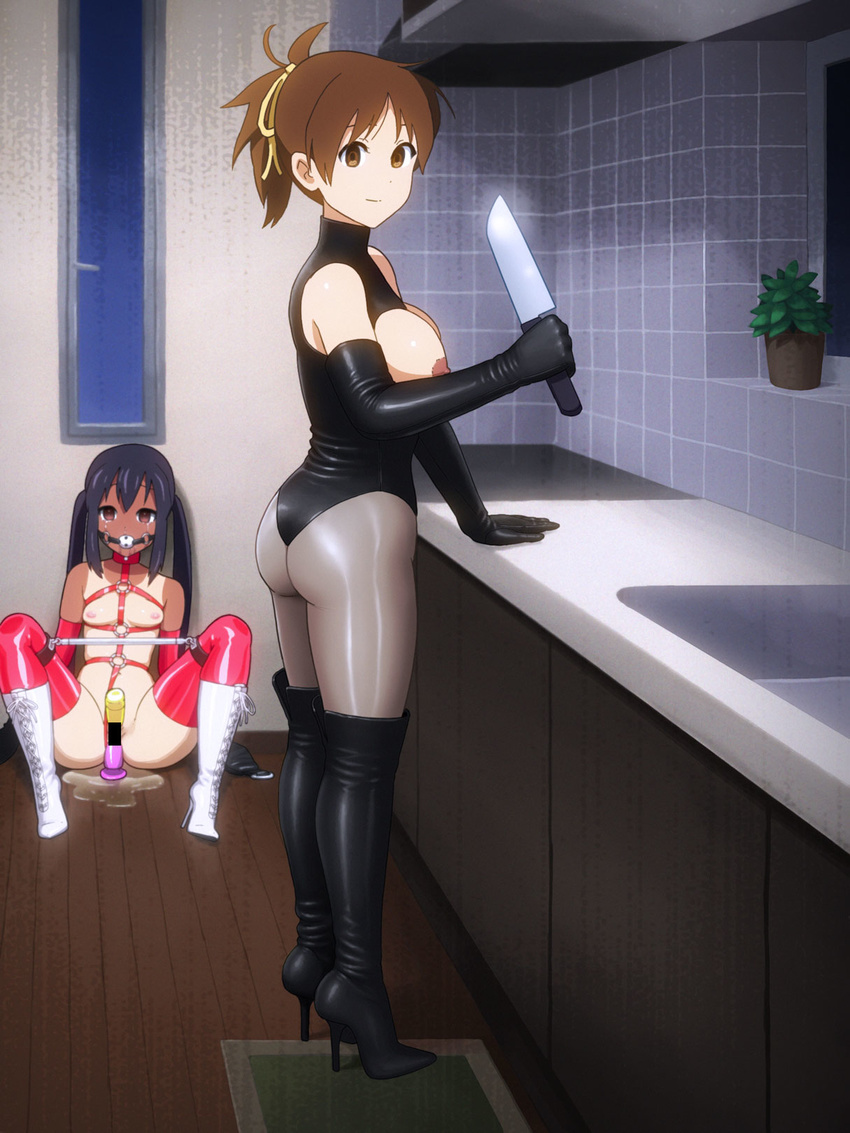 anal anal_object_insertion ass ball_gag bdsm bondage bondage_mittens boots bound breastless_clothes breasts brown_eyes brown_hair butt_plug censored dildo dominatrix double_penetration empty_eyes enkaboots gag gagged gloves harness high_heels highres hirasawa_ui k-on! kitchen knife leather long_hair looking_at_viewer multiple_girls nakano_azusa nipples object_insertion pantyhose ponytail purple_hair pussy pussy_juice shoes slave small_breasts spread_legs spreader_bar tan tanline thigh_boots thighhighs vaginal vaginal_object_insertion yandere yuri