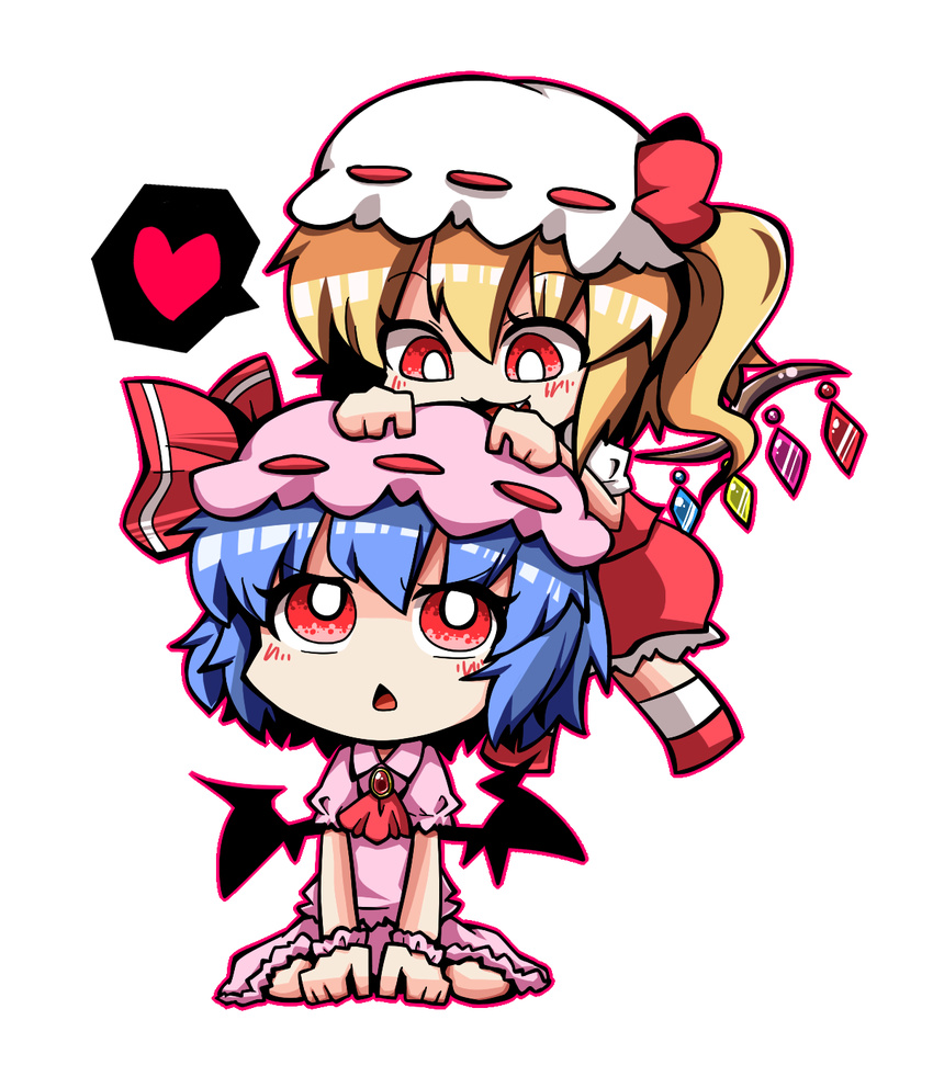 blonde_hair blue_hair brooch chestnut_mouth chibi dress fang flandre_scarlet hands_on_another's_head heart highres jewelry jiro-min multiple_girls puffy_sleeves red_eyes remilia_scarlet siblings side_ponytail sisters sitting spoken_heart touhou wariza wings