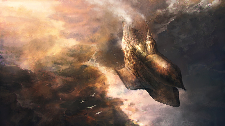 airship bad_id bad_pixiv_id bird cloud landscape mountain no_humans original park_jae-cheol river scenery sky