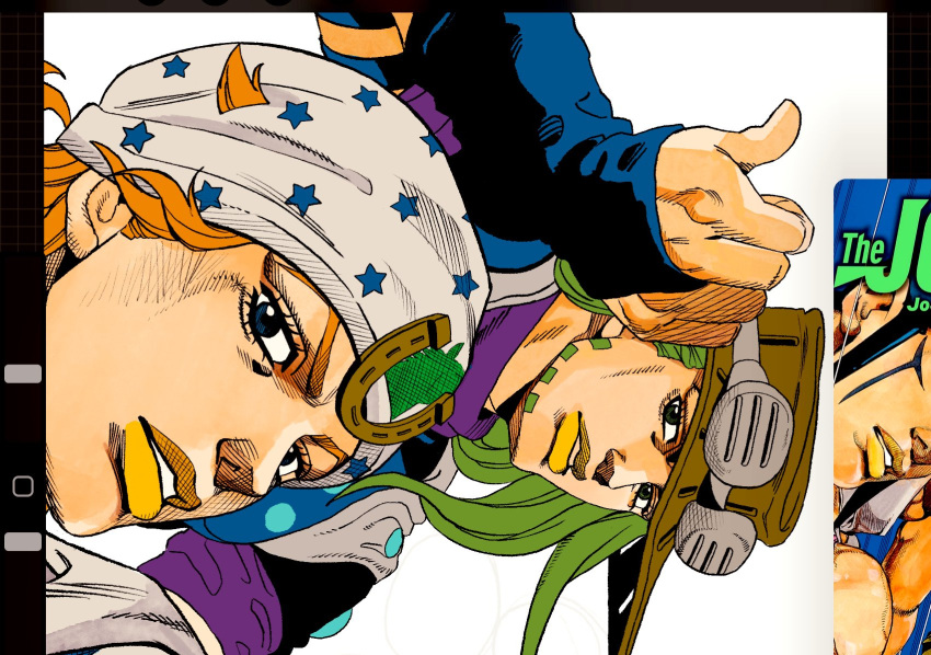 2boys araki_hirohiko_(style) art_program_in_frame beanie beard blue_bridal_gauntlets blue_eyes bridal_gauntlets brown_hat charming_man comic_cover_redraw commentary_request cowboy_hat derivative_work facial_hair facial_mark goggles goggles_on_headwear green_hair gyro_zeppeli hat hatching_(texture) highres horseshoe_hat_ornament horseshoe_ornament jjba_kk johnny_joestar jojo_no_kimyou_na_bouken long_hair male_focus multiple_boys orange_hair orange_lips parted_lips procreate_(medium) procreate_(software) purple_shirt reference_inset screenshot shirt star_(symbol) star_print steel_ball_run teeth the_jojolands thumbs_up white_hat