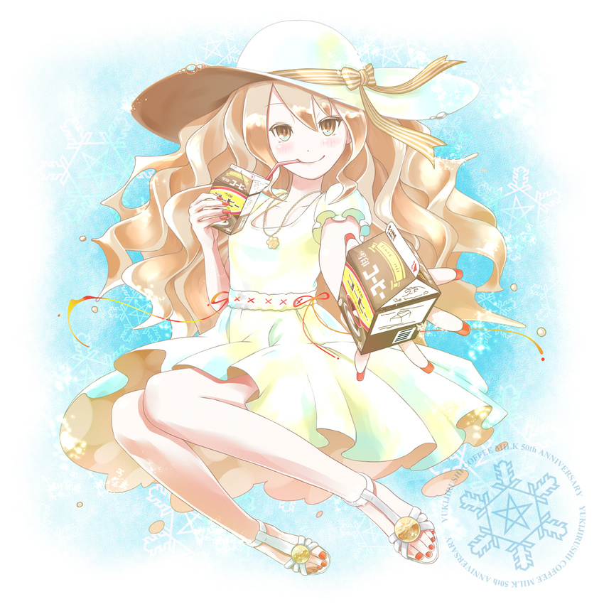 bad_id bad_pixiv_id blush brown_eyes brown_hair dress drinking_straw foreshortening hat highres legs long_hair milk_carton nail_polish nov_(nobuhikotorii) original ribbon sandals solo toenail_polish