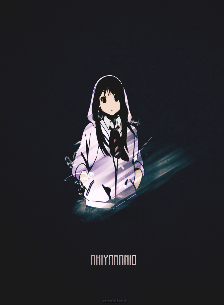 akiyama_mio black_eyes black_hair character_name highres hood hoodie k-on! long_hair necktie no_thank_you! school_uniform solo