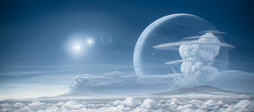 blue cloud eruption highres justinas_vitkus moon multiple_moons no_humans original scenery sky star_(sky) volcano