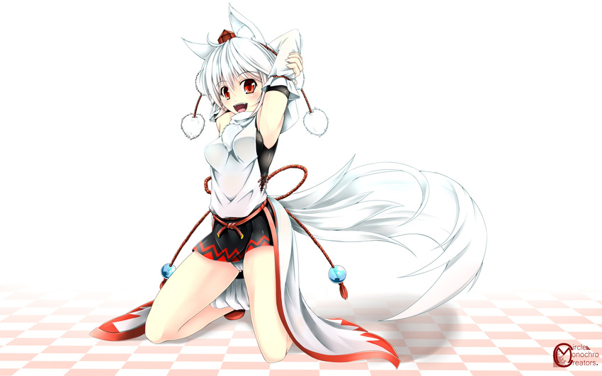 animal_ears arms_up breasts checkered checkered_floor detached_sleeves hat highres inubashiri_momiji inyuppo kneeling medium_breasts open_mouth pom_pom_(clothes) red_eyes simple_background skirt solo tail tokin_hat touhou white_background white_hair wolf_ears wolf_tail