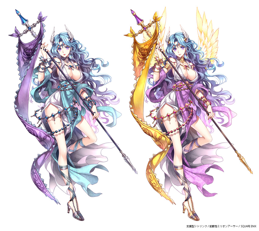 blue_hair breasts character_request cleavage full_body gradient_hair head_wings high_heels large_breasts long_hair looking_at_viewer million_arthur_(series) multicolored_hair multiple_views nardack purple_eyes purple_hair shoes simple_background smile staff two-tone_hair valkyrie variations white_background wings