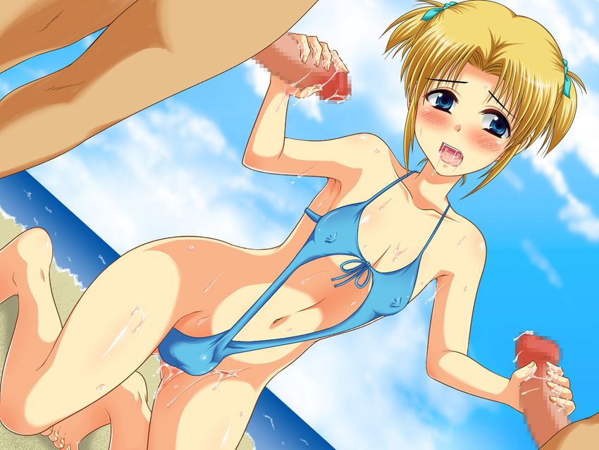 3boys artist_request beach blonde_hair blue_eyes blush bulge censored crossdressing cum cum_in_clothes cum_in_mouth cum_on_clothes double_handjob handjob kneeling male_focus multiple_boys open_mouth outdoors penis short_twintails sky sweat swimsuit trap twintails yaoi