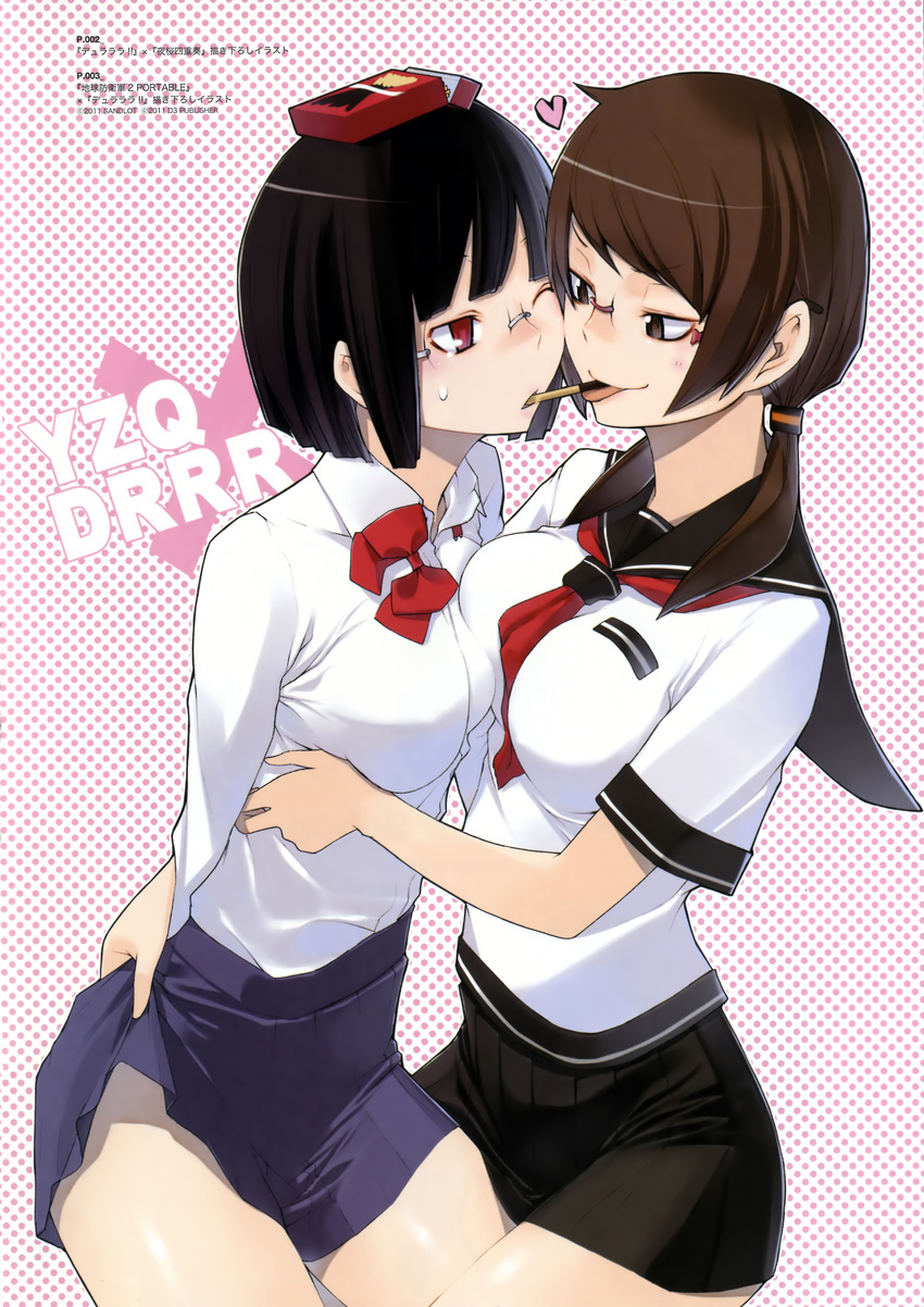 :p absurdres asymmetrical_docking black_hair bow bowtie breast_press brown_hair durarara!! food glasses heart highres isone_kotoha low_twintails multiple_girls pocky red_eyes scan school_uniform serafuku shared_food short_hair skirt skirt_lift sonohara_anri sweatdrop tongue tongue_out twintails yasuda_suzuhito yozakura_quartet yuri