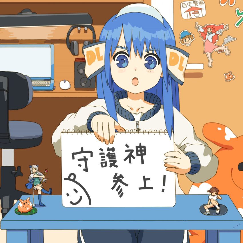 blue_eyes blue_hair brown_hair chair computer contest_winner dlsite.com_15_year_anniversary_contest figure gym_uniform hauri headphones highres holding holding_sign laptop mouse_(computer) open_mouth short_twintails sign solo speaker translation_request twintails