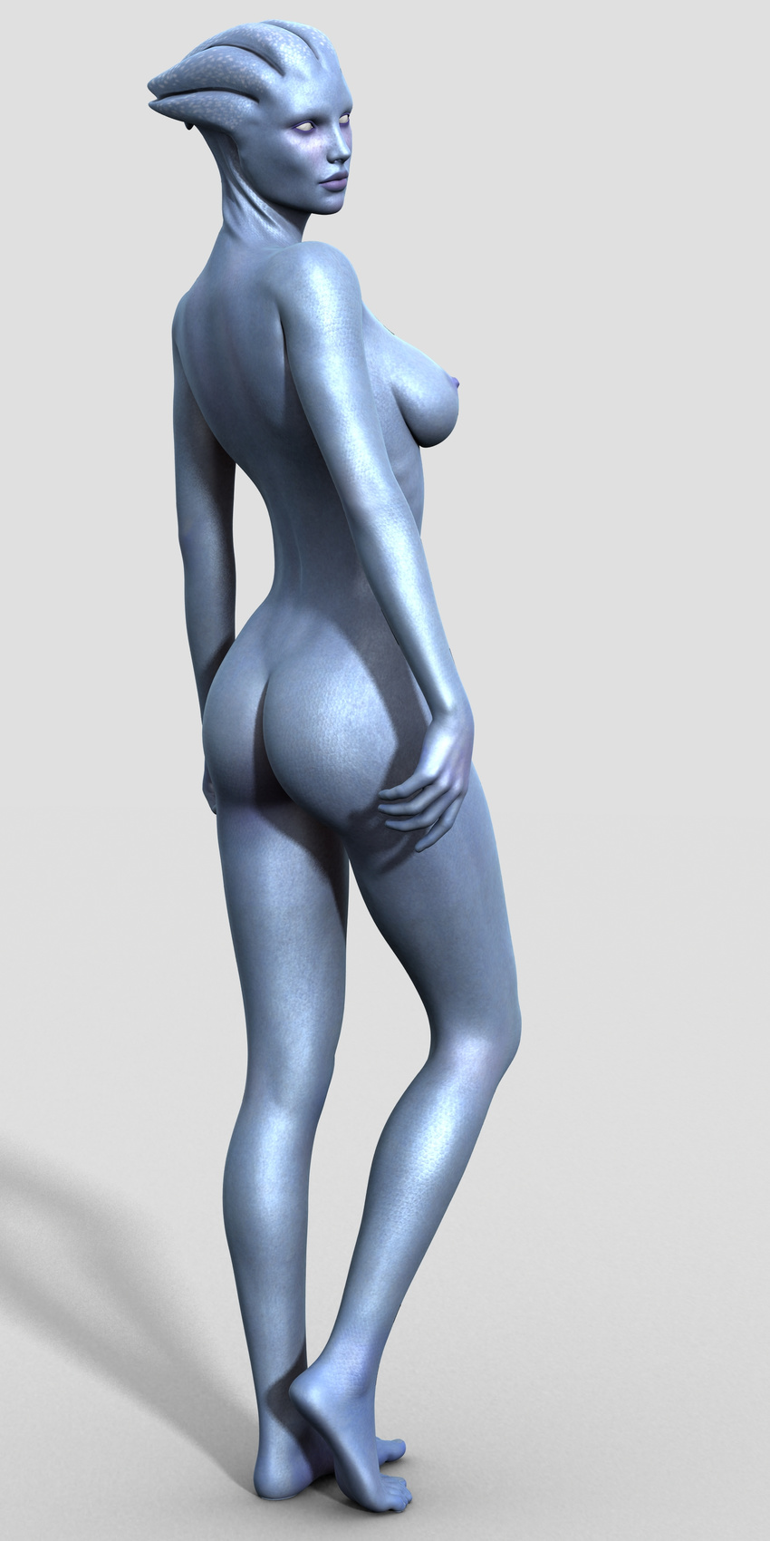 absurd_res alien asari barefoot blind blue_body blue_skin breasts butt dariofish female hi_res humanoid looking_at_viewer looking_back mass_effect nipples not_furry nude plain_background pose shiny side_boob solo standing tiptoes white_background white_eyes