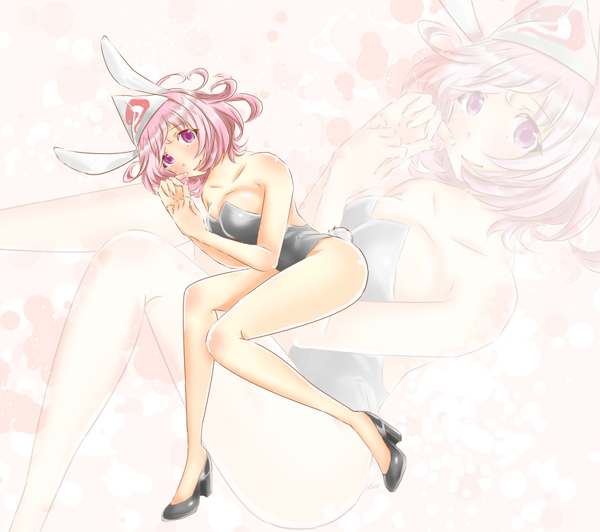 absurdres animal_ears bad_id bad_pixiv_id bare_legs bow bowtie breasts bunny_ears bunny_tail bunnysuit cleavage detached_collar high_heels highres large_breasts leotard pink_eyes pink_hair ribbon saigyouji_yuyuko shoes short_hair sitting smile solo sugita_(merinib) tail touhou triangular_headpiece wrist_cuffs zoom_layer