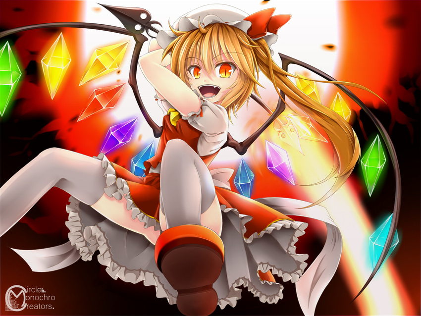 ascot blonde_hair convenient_leg fang flandre_scarlet hat hat_ribbon inyuppo laevatein open_mouth red_eyes ribbon side_ponytail skirt skirt_set solo thighhighs touhou white_legwear wings