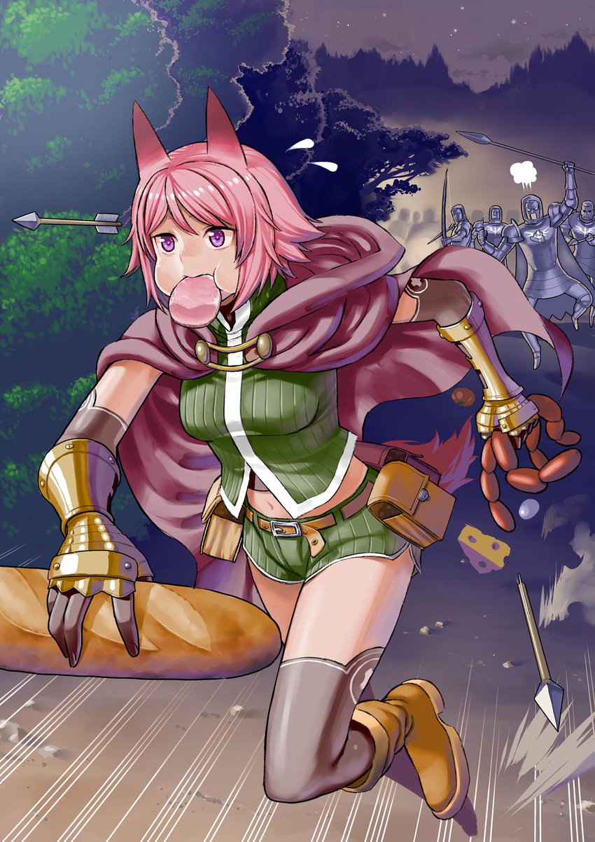 4boys angry animal_ears armor arrow bad_id bad_pixiv_id belt black_legwear boots bow_(weapon) bread chasing cheese cloak elbow_gloves food food_in_mouth gauntlets gloves highres midriff multiple_boys navel pink_hair pixiv_fantasia pixiv_fantasia_new_world polearm purple_eyes running sausage short_hair short_shorts shorts spear tail thighhighs tree umaguti weapon wolf_ears wolf_tail