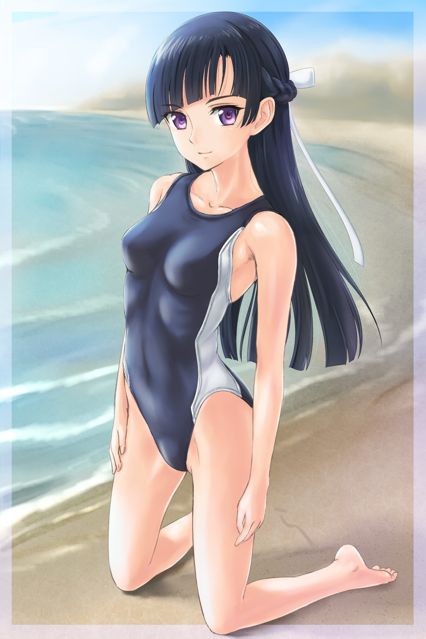 barefoot beach blue_hair blush braid breasts competition_swimsuit covered_navel day hair_ribbon half_updo highres kakumeiki_valvrave kneeling long_hair looking_at_viewer medium_breasts one-piece_swimsuit purple_eyes rasukaru ribbon rukino_saki solo swimsuit