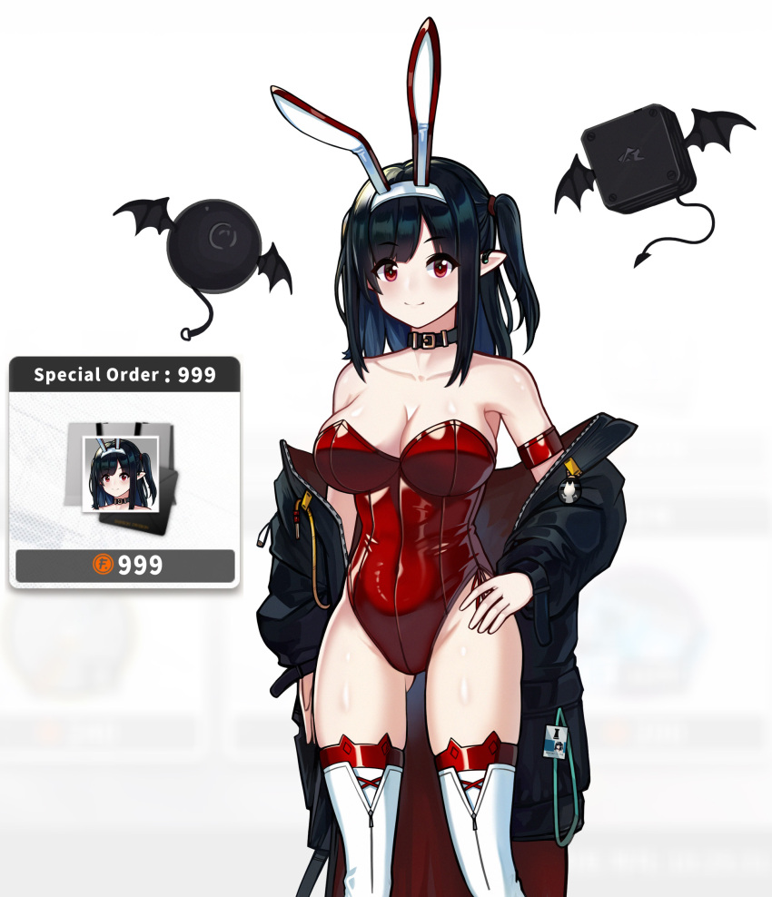 1girl absurdres alternate_costume animal_ear_hairband animal_ears arknights ass_visible_through_thighs black_collar black_jacket bluedok_(o-ni) boots breasts closure_(arknights) collar commentary_request covered_navel demon_tail demon_wings drone english_text fake_animal_ears hairband highleg highleg_leotard highres id_card jacket korean_commentary large_breasts leotard mixed-language_commentary off_shoulder open_clothes open_jacket playboy_bunny rabbit_ear_hairband rabbit_ears red_leotard simple_background strapless strapless_leotard tail thigh_boots white_background white_boots wings