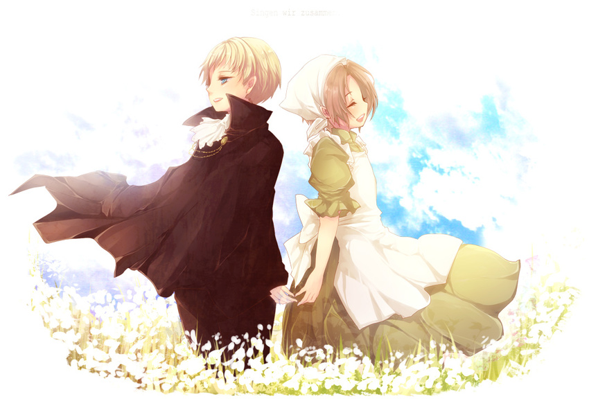 axis_powers_hetalia blonde_hair blue_eyes brown_hair chibitalia_(hetalia) closed_eyes crossdressing dress holy_roman_empire_(hetalia) male_focus multiple_boys northern_italy_(hetalia) open_mouth tobi_(one)