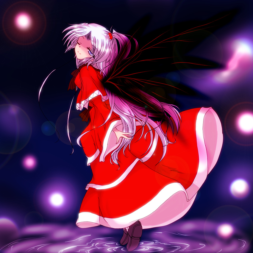 dress hair_bobbles hair_ornament highres long_hair one_eye_closed shinki shoes side_ponytail silver_eyes silver_hair solo touhou touhou_(pc-98) tsunogiri wings