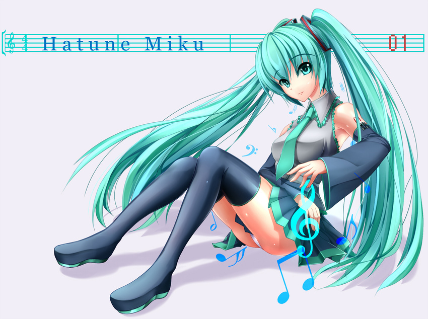 akira_sora bad_id bad_pixiv_id boots character_name detached_sleeves green_eyes green_hair hatsune_miku long_hair musical_note necktie panties pantyshot pantyshot_(sitting) sitting skirt solo thigh_boots thighhighs twintails underwear very_long_hair vocaloid