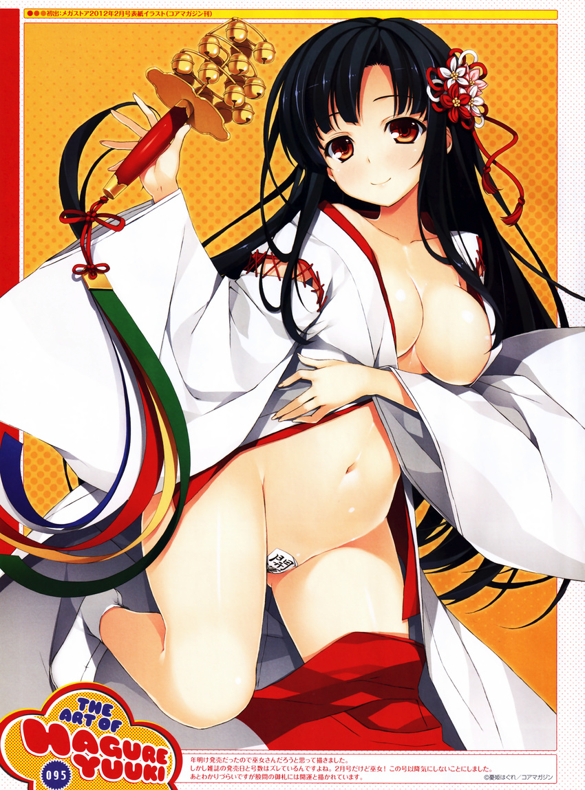 absurdres bell black_hair breasts cleavage convenient_censoring dengeki_moeou groin hair_ornament highres huge_filesize japanese_clothes jingle_bell kagura_suzu large_breasts long_hair maebari miko navel no_panties open_clothes red_eyes scan smile solo tabi thighs yuuki_hagure