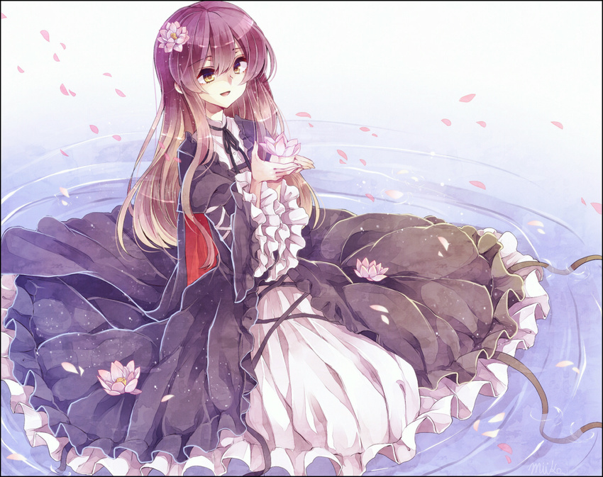 arm_ribbon bad_id bad_pixiv_id black_dress blonde_hair brown_eyes dress flower frame gradient_hair hair_flower hair_ornament hijiri_byakuren juliet_sleeves layered_dress long_hair long_sleeves lotus miiko_(somnolent) multicolored_hair open_mouth petals puffy_sleeves purple_hair ribbon sitting smile solo touhou water waves white_dress wide_sleeves