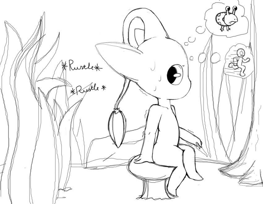 big_ears black_and_white monochrome mushroom no_mouth pikmin plant running scared shivering sitting sketch source_request sweat thinking thought_bubble tree unfinished worried xxmysteryxx