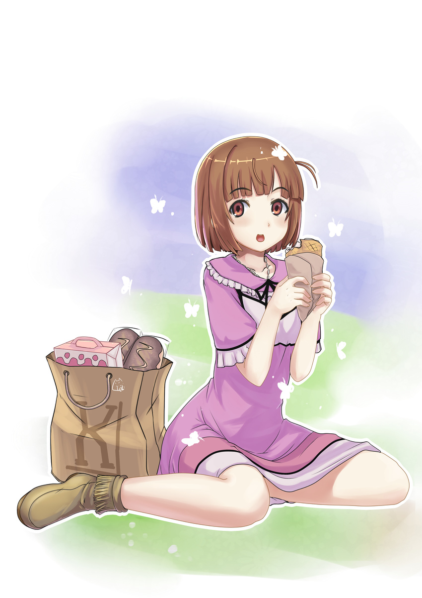 absurdres bag boots brown_eyes brown_hair crepe dongqing_zaozigao food haruue_erii highres paper_bag short_hair solo to_aru_kagaku_no_railgun to_aru_majutsu_no_index