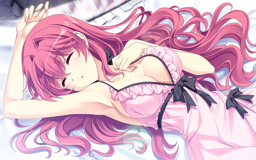 ankoromochi arm_up armpits bed bow breasts cleavage closed_eyes frills game_cg green_eyes ichijouji_yura lens_flare lingerie long_hair medium_breasts negligee pink_hair shitsuji_ga_aruji_wo_erabu_toki sleeping underwear