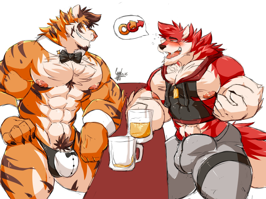 alcohol anthro beverage blush bow_tie bulge canine clothing daikitei duo feline male mammal mostly_nude muscular muscular_male open_mouth pecs pubes smile standing tiger underwear wolf