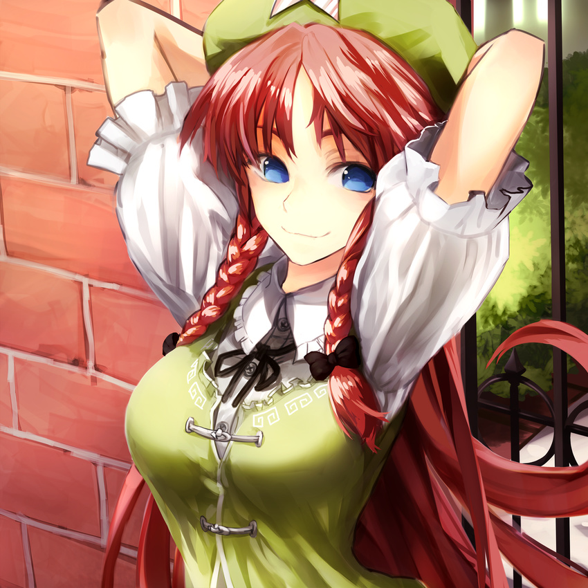 arms_up blue_eyes bow braid breasts brick_wall chirigami-san hair_bow hat highres hong_meiling large_breasts long_hair looking_at_viewer red_hair running_bond smile solo touhou twin_braids