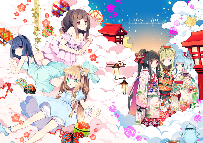 animal_ears aqua_eyes aqua_hair bad_id bad_pixiv_id ball bangs black_hair blonde_hair bloomers blue_eyes blue_hair blunt_bangs bow brown_hair cat_ears cloud crescent_moon cup dress flower green_eyes hair_bow hair_flower hair_ornament japanese_clothes kimono lantern long_hair moon multiple_girls obi original ponytail purple_eyes red_eyes rugo sash shoes star_(sky) tea teacup teapot temari_ball underwear very_long_hair wings wrist_cuffs