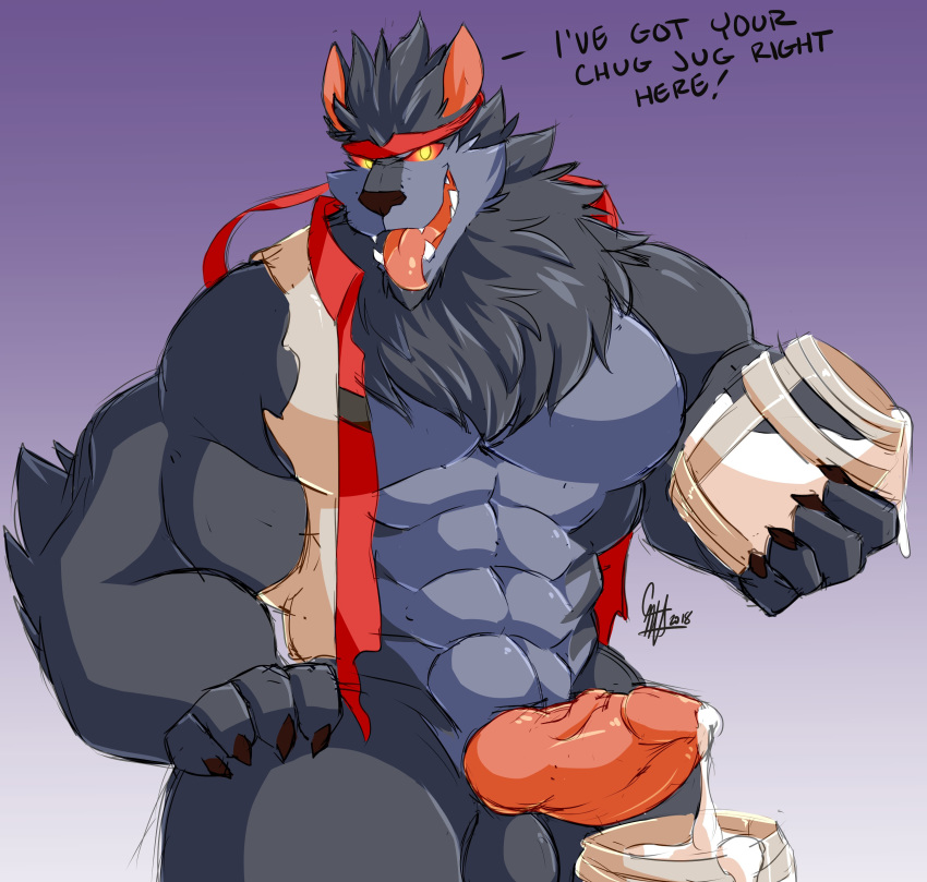 anthro balls canine cum cum_drip cum_in_a_cup daikitei dialogue dripping english_text erection knot looking_at_viewer male mammal muscular muscular_male solo standing text tongue tongue_out vein