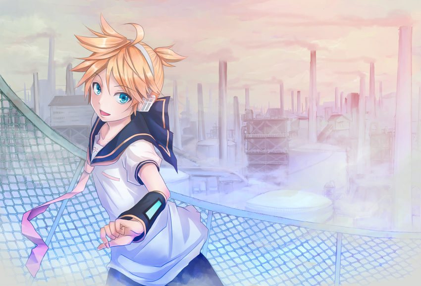 ahoge bad_id bad_pixiv_id blonde_hair blue_eyes factory fence headset industrial kagamine_len male_focus necktie open_mouth smile smoke smokestack solo vocaloid