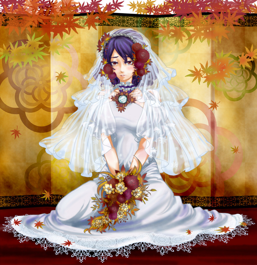 bare_shoulders bouquet bridal_veil choker dress flower hair_flower hair_ornament highres kneeling leaf mabui purple_hair red_eyes short_hair solo touhou veil wedding_dress yasaka_kanako