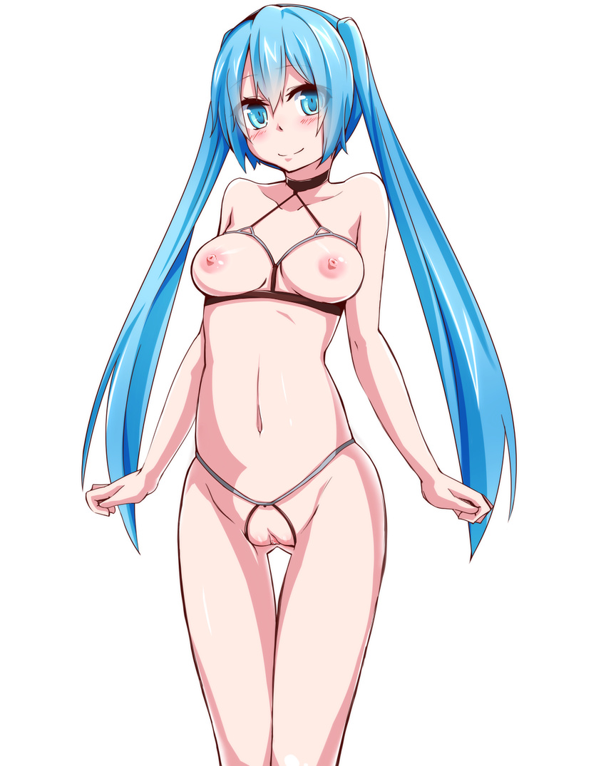 1girl aqua_eyes aqua_hair bare_shoulders blush bra breastless_clothes breasts crotchless crotchless_panties cupless_bra female functional_nudity hatsune_miku highres long_hair looking_at_viewer mujakuma navel nipples panties photoshop pussy simple_background smile solo standing thigh_gap twintails uncensored underwear very_long_hair vocaloid white_background