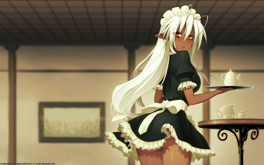 elf full_metal_daemon_muramasa maid nitroplus nopan sandaime_muramasa thighhighs waitress white_hair