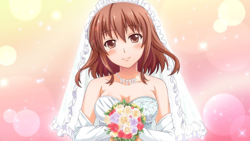 blush bouquet bridal_veil brown_eyes brown_hair dress flower game_cg jewelry maruto! necklace ore_no_yome:_anata_dake_no_hanayome osananajimi_type solo sparkle veil wedding wedding_dress