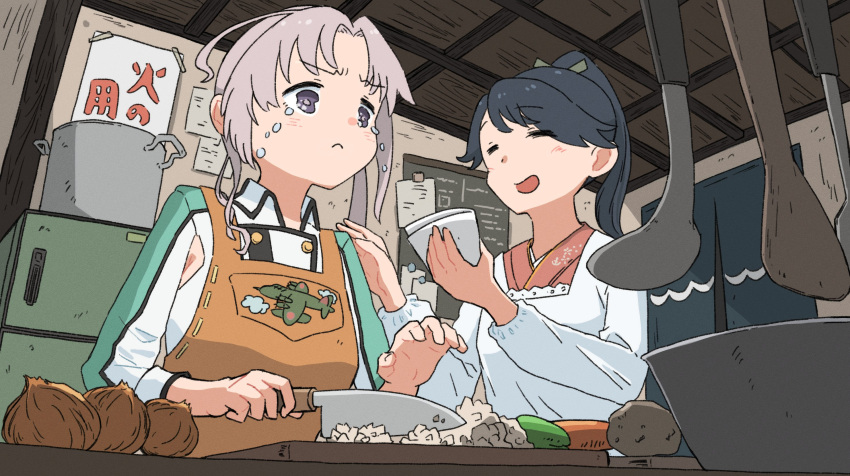 2girls :< akitsushima_(kancolle) apron closed_eyes closed_mouth cooking cooking_pot crying cutting_board cutting_onions food green_apron green_ribbon grey_hair hair_ribbon highres holding holding_knife houshou_(kancolle) indoors japanese_clothes kantai_collection kappougi kitchen_knife knife long_hair long_sleeves multiple_girls onion open_mouth ponytail ribbon tears vegetable wachi_(hati1186)